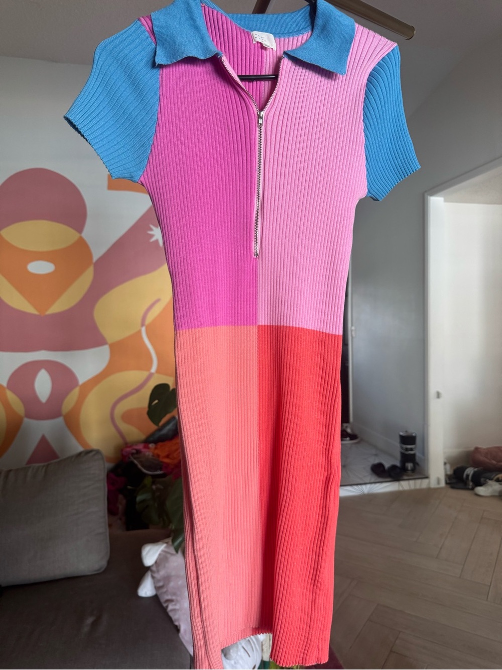 Colorblock Ribbed Zip-Front Mini Dress - Blue Pink Coral